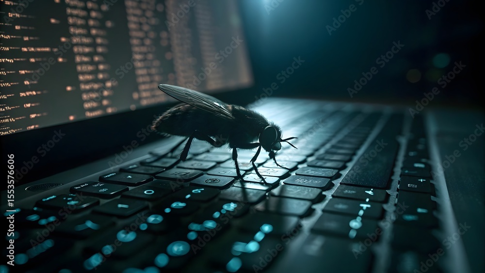 Poster digital menace a fly on a laptop keyboard, symbolizing a computer virus or malware, dark and mysteri