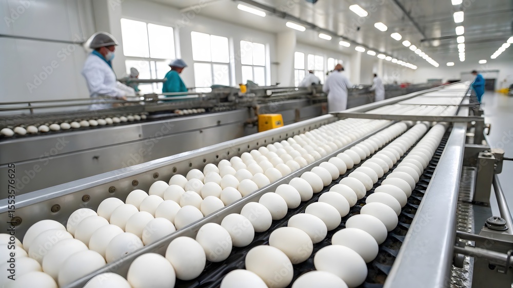 Poster endless rows of eggs moving along conveyor belt in modern egg processing plant clean environment wor