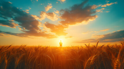 Serene sunset silhouette of a person standing in a golden wheat field, bathed in warm, vibrant light.  Peaceful and inspirational scene.