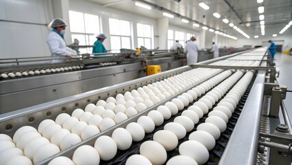 Endless Rows Of Eggs Moving Along Conveyor Belt In Modern Egg Processing Plant Clean Environment Workers Visible In Background