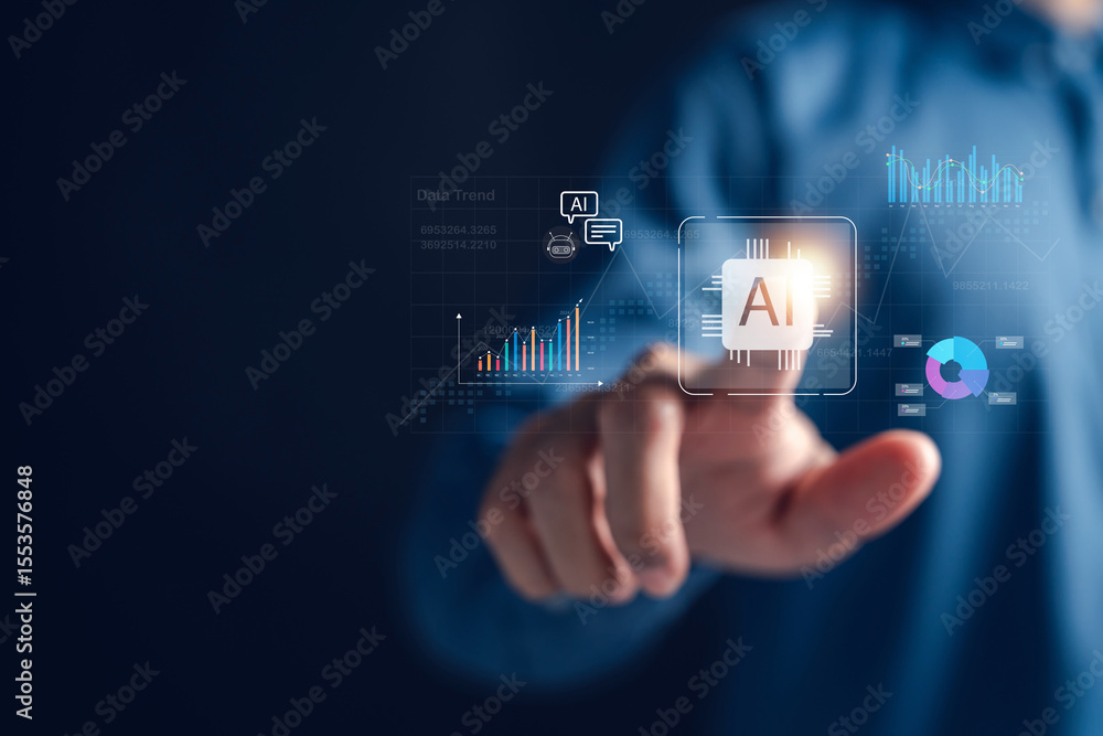 Poster AI technology with data analysis, charts, and finance dashboard. Representing artificial intelligence assistant in investment, financial planning, and smart money management systems.
