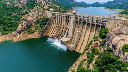 Large Concrete Dam Releasing Water into Green Reservoir, Aerial View