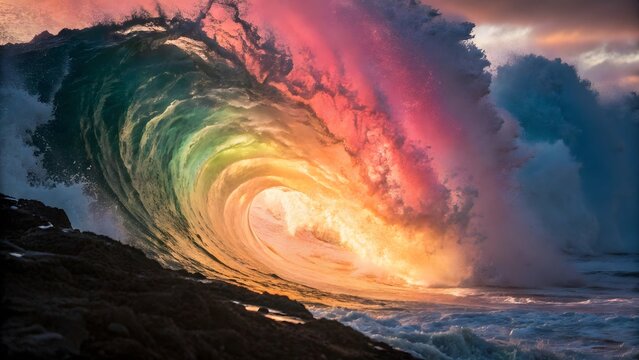 A colossal wave breaks, its crest ablaze with a vibrant rainbow, a breathtaking spectacle of natures raw power and stunning beauty at sunset.