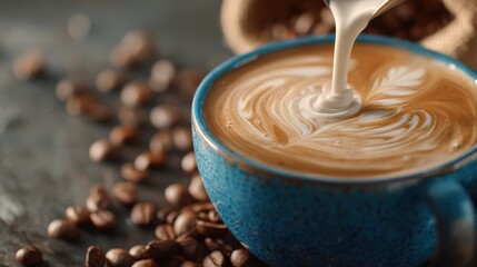 Close-up of creamy milk pouring into coffee with latte art in a blue cup, creating a warm and inviting ambiance, surrounded by scattered coffee beans.
