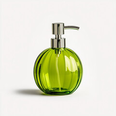 Green glass round soap dispenser with chrome pump on white background image