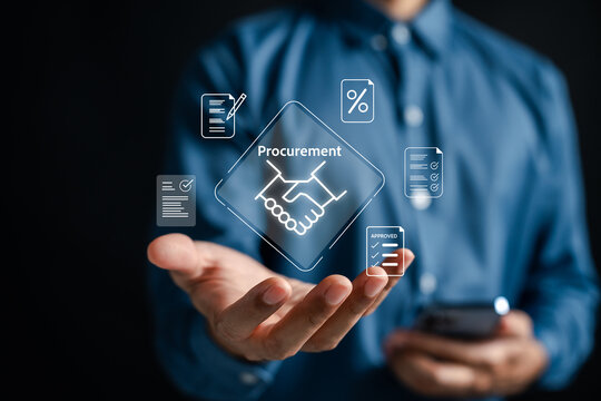 Businessman using digital procurement system with icons representing approval, documents, and agreements. Innovative B2B purchasing and supplier management concept.