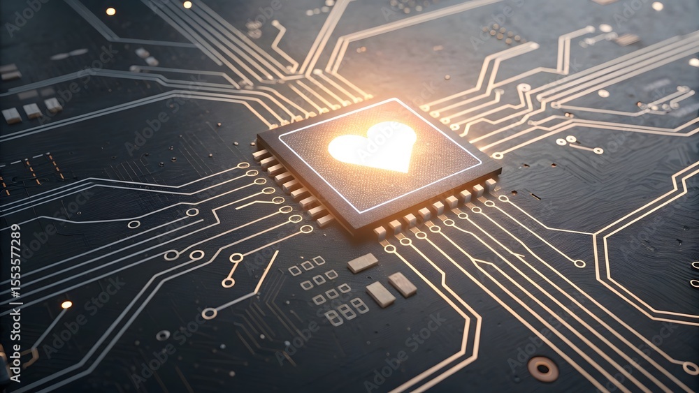 Poster digital heart a glowing heart symbol illuminates a microchips core, nestled within intricate circuit
