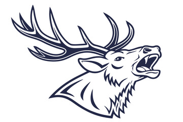 Bold stylized navy stag roars with pronounced antlers in monochrome vector