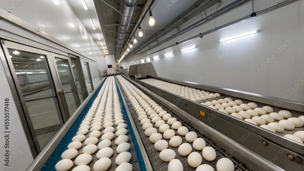 Poster automated egg sorting thousands of pristine white eggs move along conveyor belts in a modern, clean 