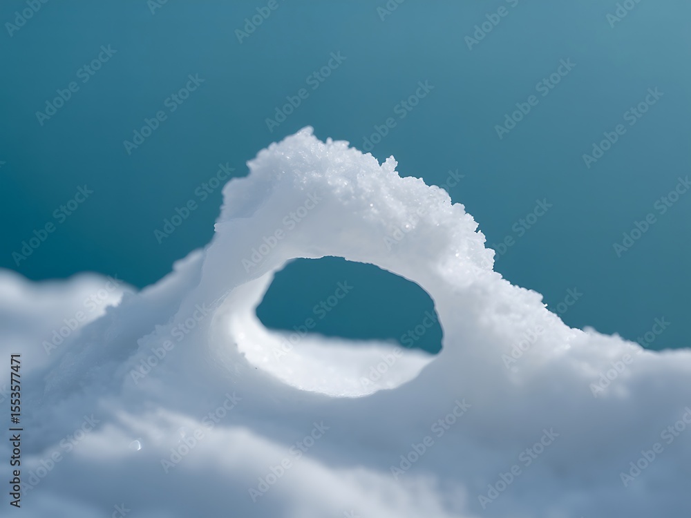 Poster macro photograph of a snow formation with a hole against a teal background showing texture and