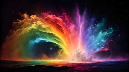 Celestial Rainbow Arcing Over Ocean Waves,AStunning Cosmic Display Of Color And Light,Starry Night Sky Reflecting In Water