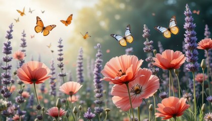 Obraz premium Butterflies Flutter Over Blooming Flowers in a Vibrant Garden at Sunrise