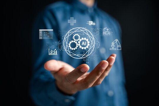 AI technology with data for industry, healthcare, finance, logistics, and automation. Representing artificial intelligence applications in medical systems, investment platforms