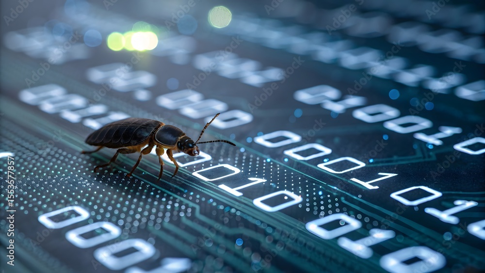 Poster cybersecurity threat a tiny insect crawls across a circuit board, representing a digital bug or malw