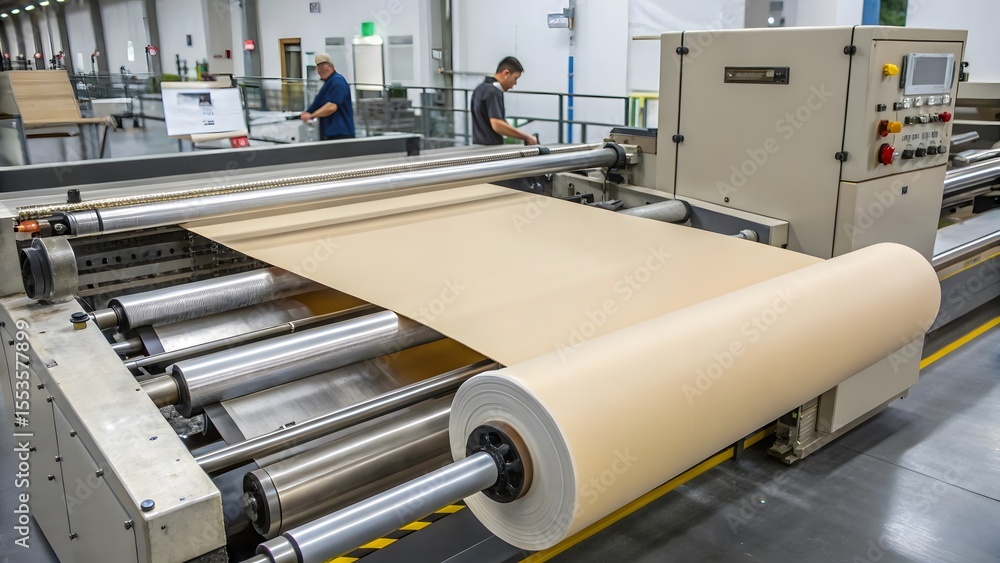 Poster industrial paper roll manufacturing a close-up view of the production process, showing the large rol
