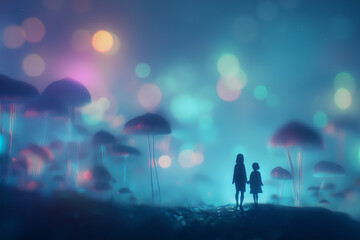 Fototapeta premium silhouette girls in the Mushroom Grove: A Fantastical Encounter