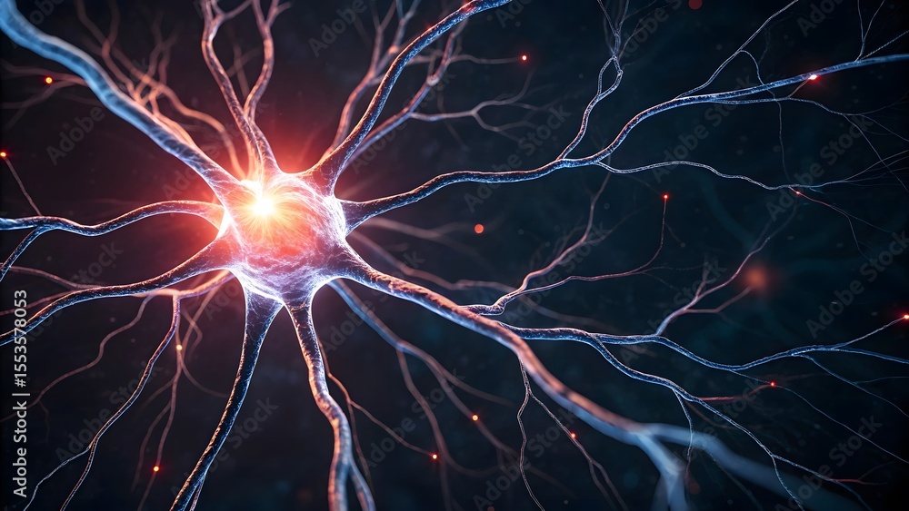 Poster illuminated neuron, intricate network of dendrites and axons, glowing brightly against a dark backdr