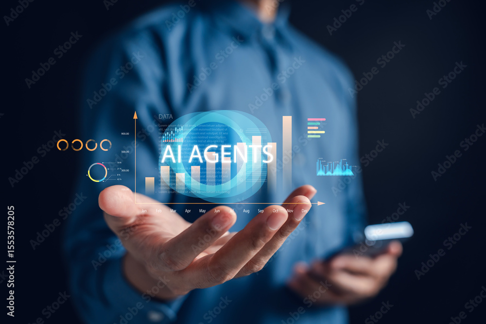 Aufkleber AI agents technology with digital financial data, analytics charts, and trend graphs. AI assistant in investment management, data visualization, and smart financial planning systems.