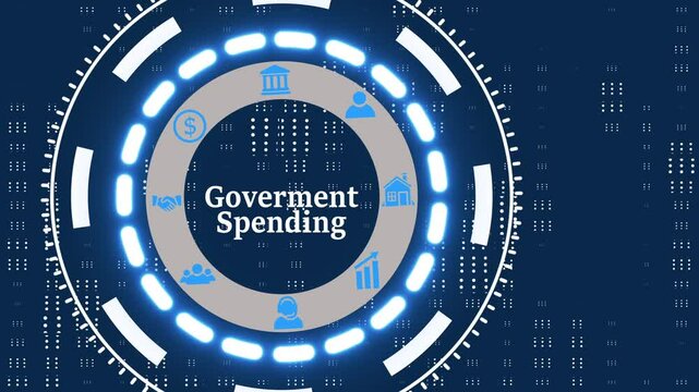 Government spending Growth concept.Blue holographic card distance advanced HUD circle platform glowing dots digital luxurious background.