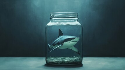 Digital illustration of a shark in a jar, symbolism of growth restriction, metaphorical concept generative ai