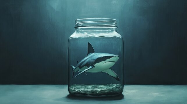 Digital illustration of a shark in a jar, symbolism of growth restriction, metaphorical concept generative ai