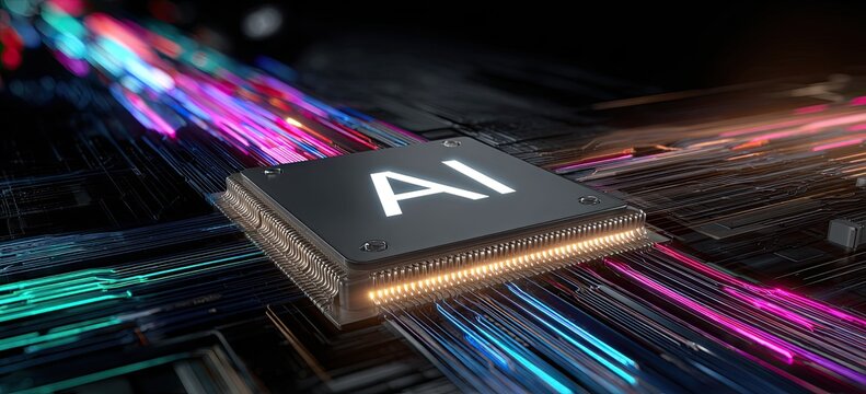 Futuristic AI processor on a circuit board