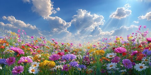 A vibrant field of wildflowers under a sunny sky