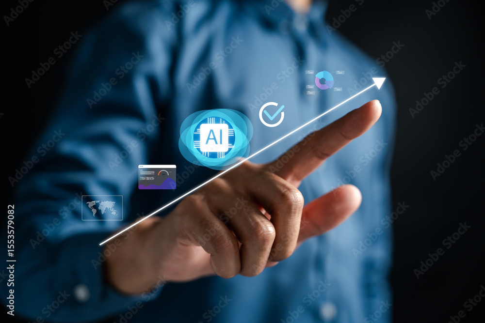 Poster Artificial intelligence symbol with upward growth trend line and futuristic interface. Representing AI advancement, innovation, data progress, smart technology, and future development.