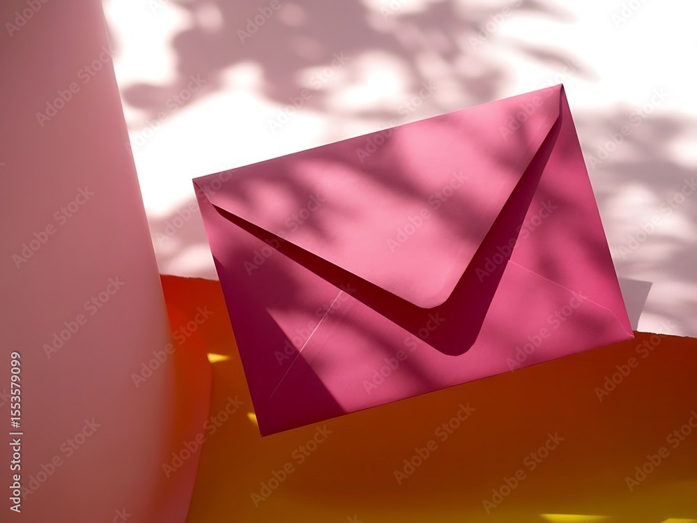 Poster pink envelope on yellow surface with shadows and pink abstract shapes in studio setting magenta