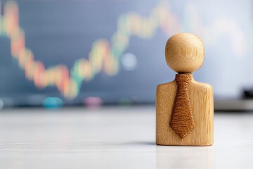 Wooden figure of a businessperson in front of a blurry financial chart
