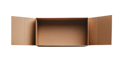 Top view of an open empty cardboard box with flaps visible packaging container for shipping storage and delivery isolated on white background