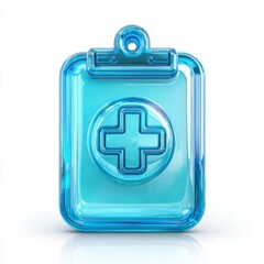 Transparent Blue Clipboard with Medical Cross Symbol. 3D glass icon. AI Generative