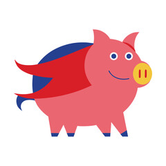 Superhero piggy bank with red cape Vector illustration