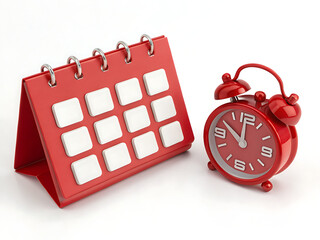 A red desk calendar with blank dates and a red alarm clock on a white surface in a studio setting
