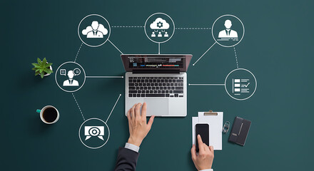 A clean, corporate flat lay vector illustration seen from a top-down perspective, depicting a remote work hub. set for work from anywhere theme, remote work, lifestyle