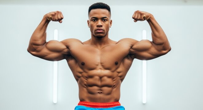 Powerful and defined young African American bodybuilder flexing his impressive biceps and physique against a modern background.