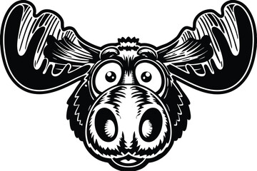 Cartoon moose head with big antlers stares wide eyed directly at viewer