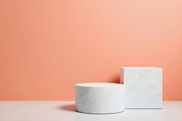 Product display marble podiums on peach background for cosmetic showcase design