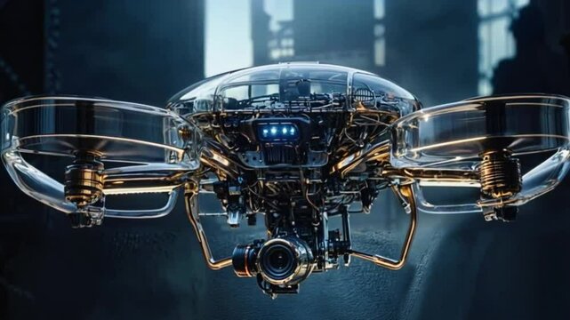 A futuristic-looking drone with a sleek design, featuring multiple rotors and a glowing blue interior. The drone appears to be in mid-flight, with intricate details emphasizing its advanced technology