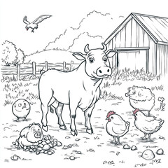 Farm animals including cow pig and chickens near a barn image