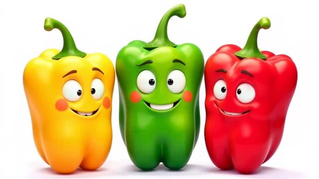 Three Bulgarian peppers, yellow, green and red are depicted against a white background, on them cartoon three emotions