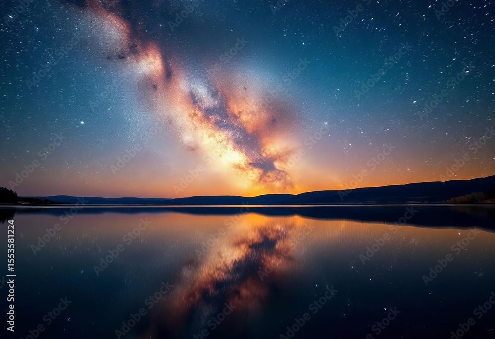 Wall mural panoramic view of bright milky way galaxy reflected in a calm lake at night, astro, landscape