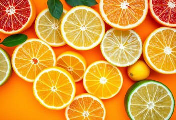 Fototapeta premium Sliced oranges, lemons, limes; vibrant citrus fruits on orange background, sunlight, juicy
