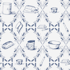 Toile Inspired Memories of Homemade Bread in Navy as Sifters and Wheat Flour Tins in Diamond Shapes creating a seamless pattern print