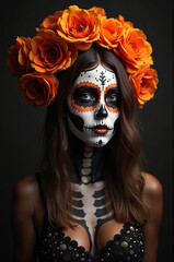 Woman in a skeleton costume with orange flowers on her head. She is wearing a black bra and a black dress