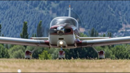 Small red white aircraft taxiing, propeller spinning, preparing for departure at airport runway during daylight hours