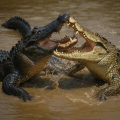 Fototapeta premium Two crocodiles clash in a violent fight, jaws locked in mid-battle above muddy water. The scene is captured with photorealistic detail, showing the tension, texture, and energy of the moment.