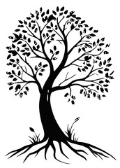 Black and White Tree Illustration: A stylized black and white illustration of a tree with intricate roots and full foliage, evoking a sense of strength and growth. 