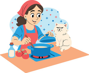 People and Pet at Home Cartoon Illustration