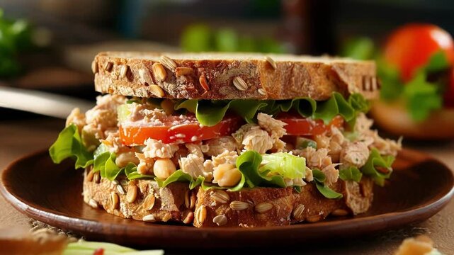Freshly made tuna salad sandwich is sitting on a wooden plate, ready to be eaten. The sandwich is made with whole wheat bread, lettuce, tomato, and tuna salad